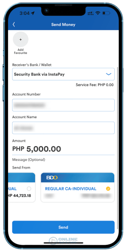 STEP 6. Enter the receiver's bank account details, amount to be sent, and the source account.