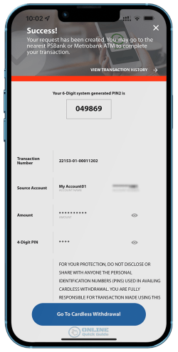 STEP 6. Request has been successful. PIN2 is generated. You may proceed now to PSBank ATM.