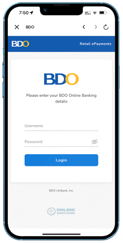 7. Login to your BDO Online Banking app account.